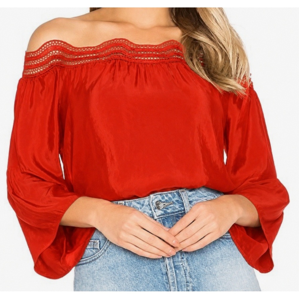NWOT Ramy Brook Priscilla Off Shoulder Blouse Large Red Orange Satin Bell Sleeve